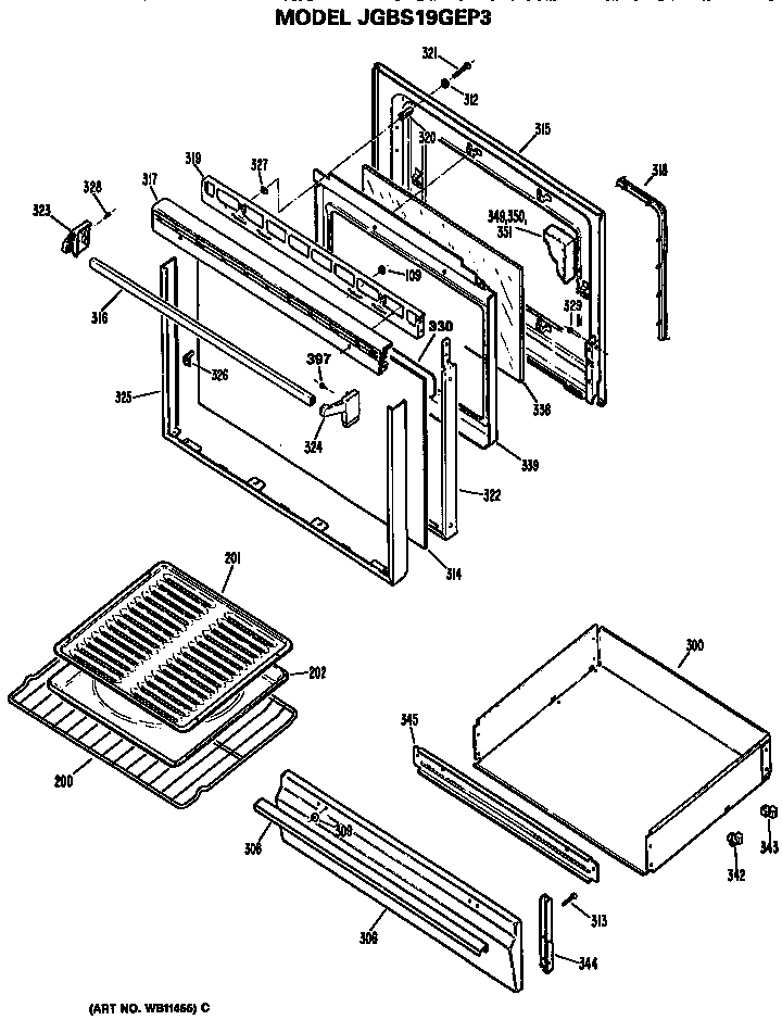 GE JGBS19GEP3 door and broiler assembly diagram