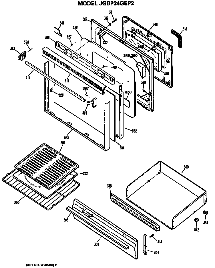 GE JGBP34GEP2 door and broiler assembly diagram