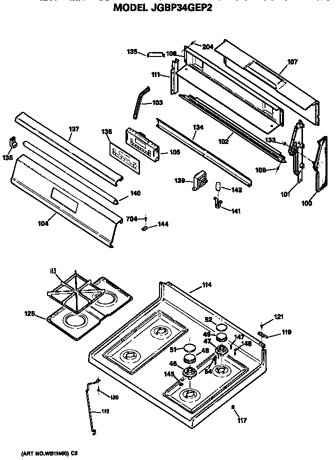 GE JGBP34GEP2 cooktop and backsplash diagram