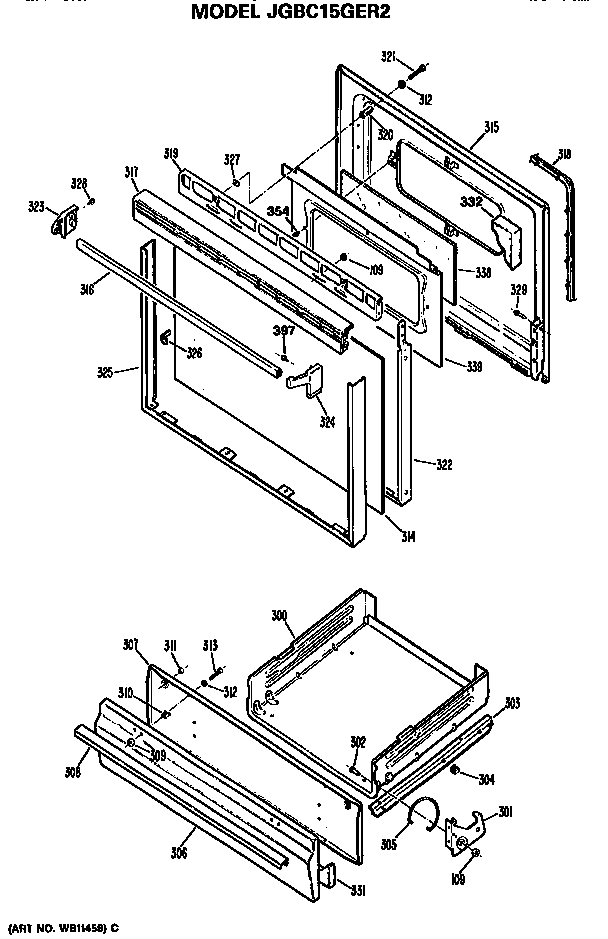 GE JGBC15GER2 door and broiler assembly diagram