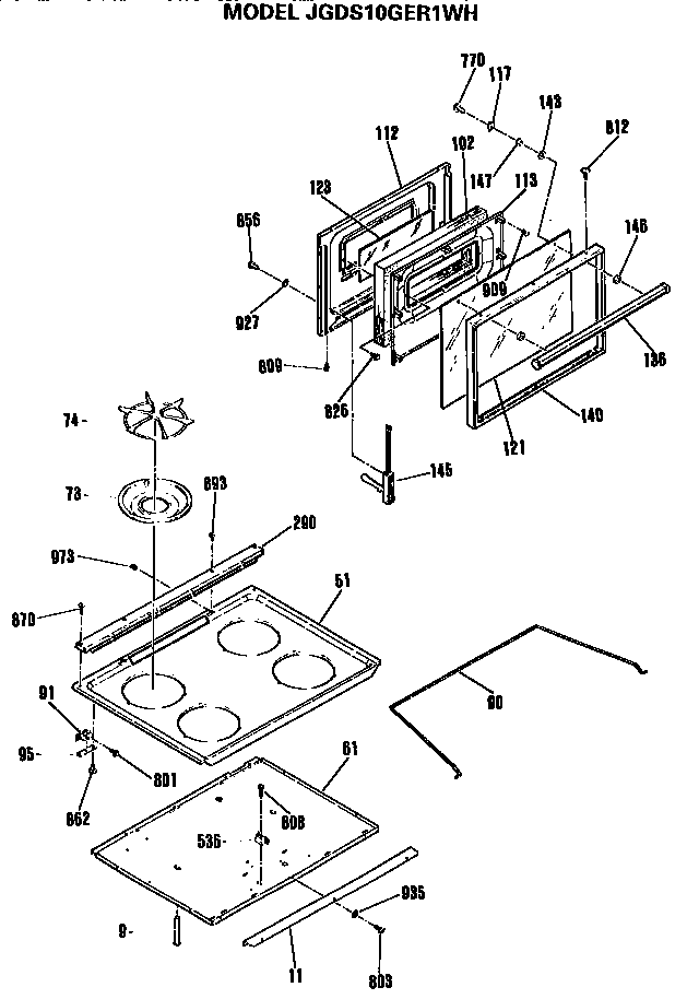 GE JGDS10GER1WH door and cooktop assembly diagram
