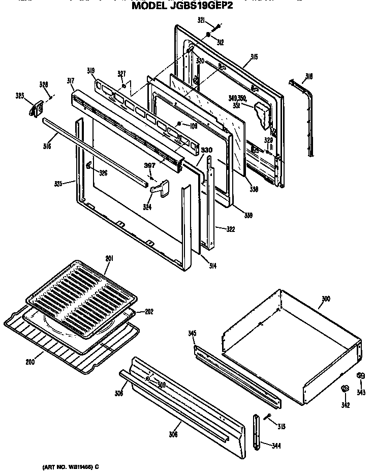 GE JGBS19GEP2 door and broiler assembly diagram