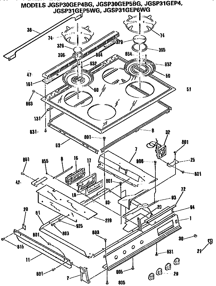 GE JGSP31GEP5WG cooktop/controls diagram