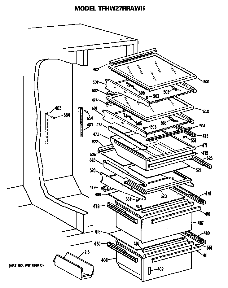 GE TFHW27RRAWH refrigerator shelves diagram