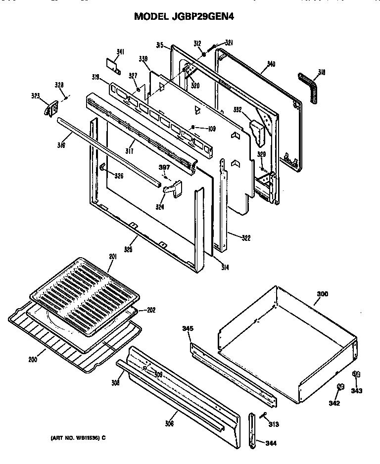 GE JGBP29GEN4 door and broiler assembly diagram