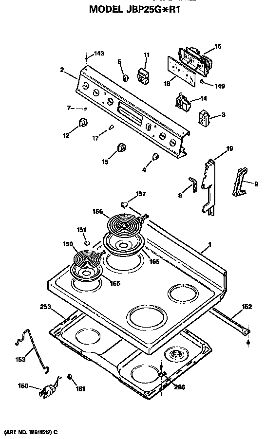 GE JBP25G*R1 cooktop/control diagram