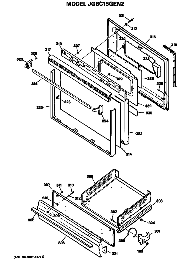 GE JGBC15GEN2 door and broiler assembly diagram