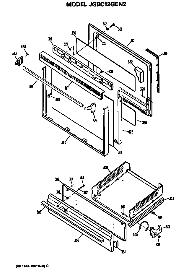 GE JGBC12GEN2 door and broiler assembly diagram