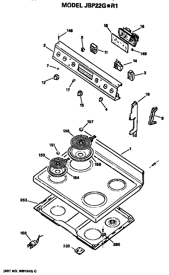 GE JBP22G*R1 cooktop/control diagram