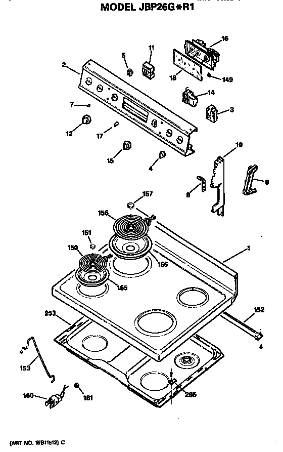 GE JBP26G*R1 cooktop/control diagram