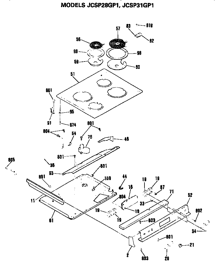 GE JCSP31GP1 cooktop/control diagram