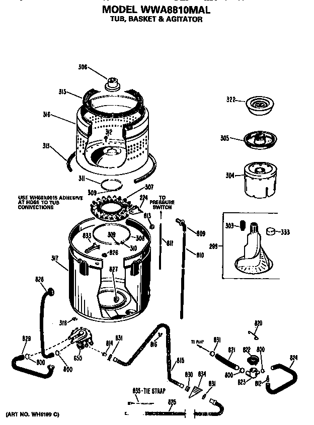 GE WWA8810MAL tub, basket and agitator diagram