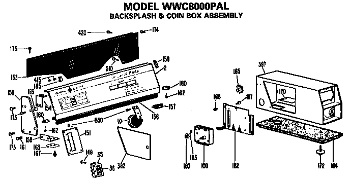 GE WWC9000MBL backsplash and coin box for wwc8000pal diagram