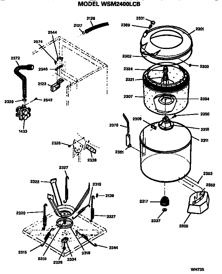 GE WSM2400LCB tubs, suspension and water inlet diagram