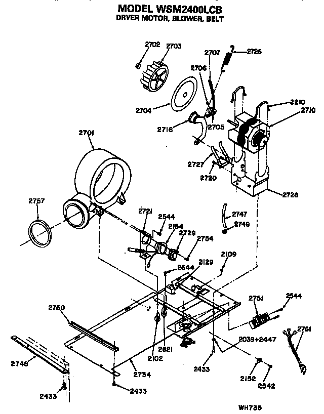 GE WSM2400LCB motor,blower and belt diagram