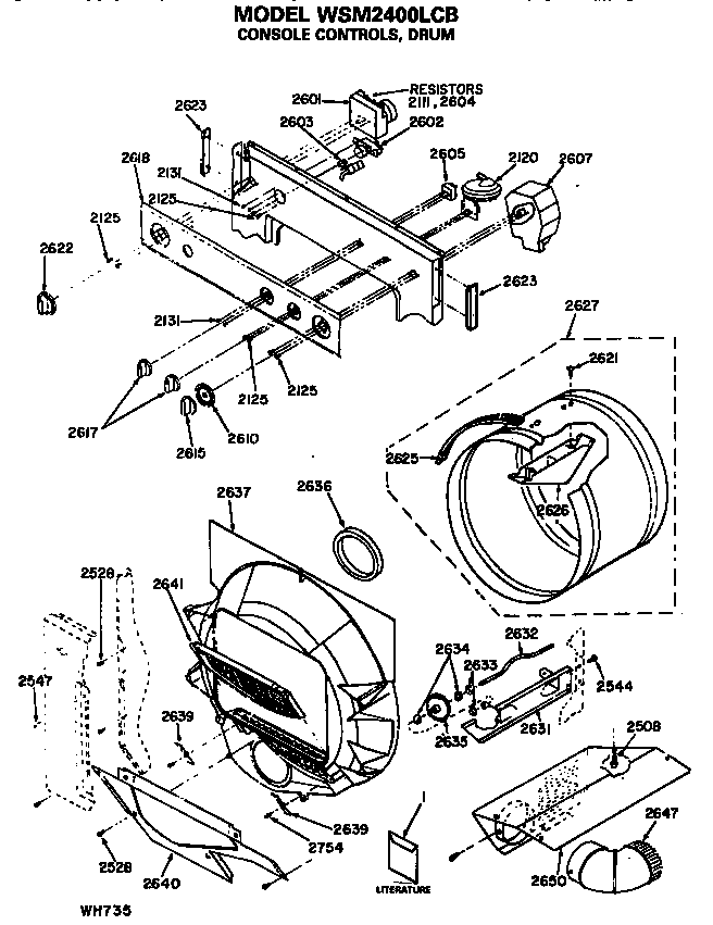 GE WSM2400LCB console controls and drum diagram