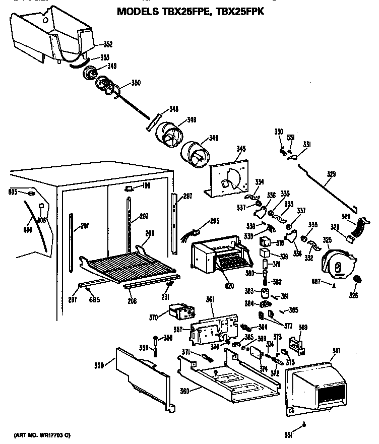 GE TBX25FPKRAD freezer section diagram