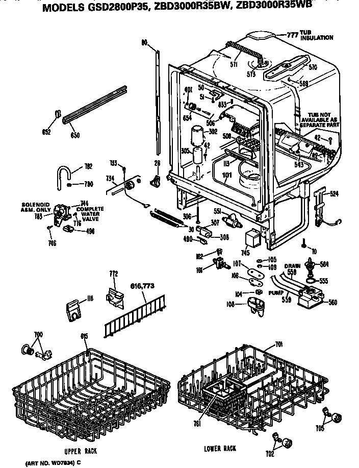 GE GSD2800P35 tub/racks diagram