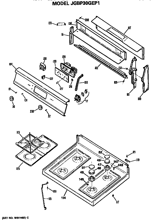 GE JGBP30GEP1 control and cooktop diagram