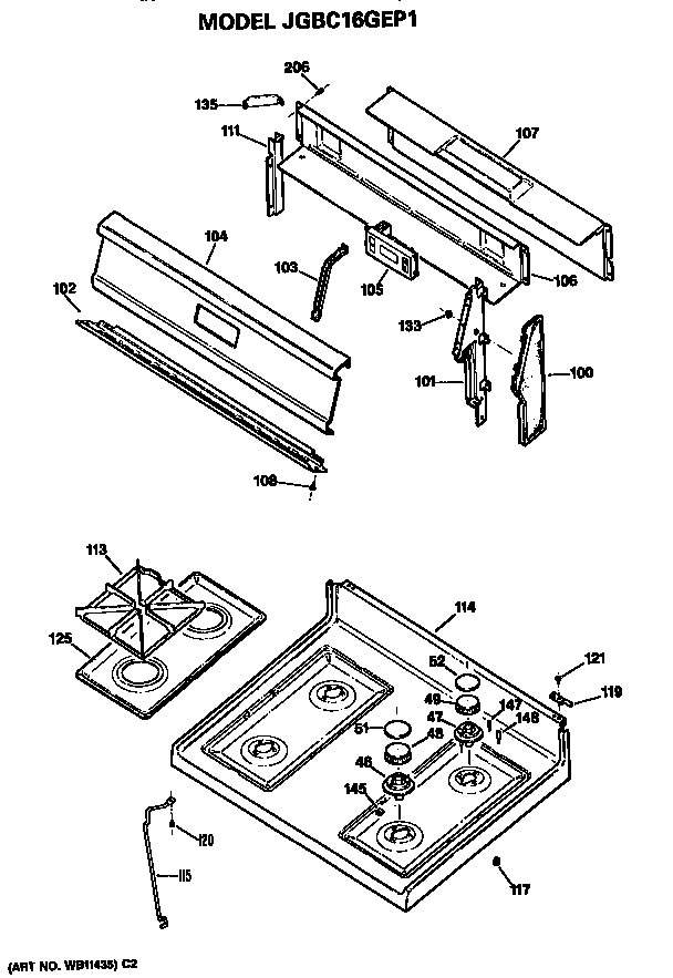 GE JGBC16GEP1 cooktop and backsplash diagram