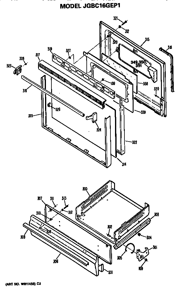GE JGBC16GEP1 door and broiler assembly diagram