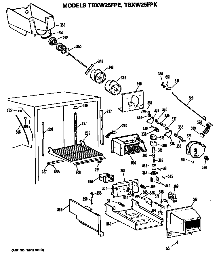 GE TBXW25FPKLWH freezer section diagram