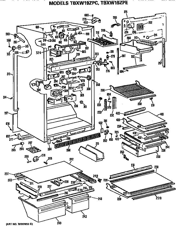 GE TBXW19ZPCRWH freezer section/shelfs diagram
