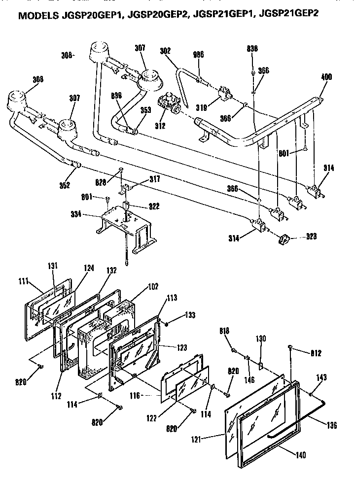 GE JGSP21GEP2 door & burner/manifold assembly diagram