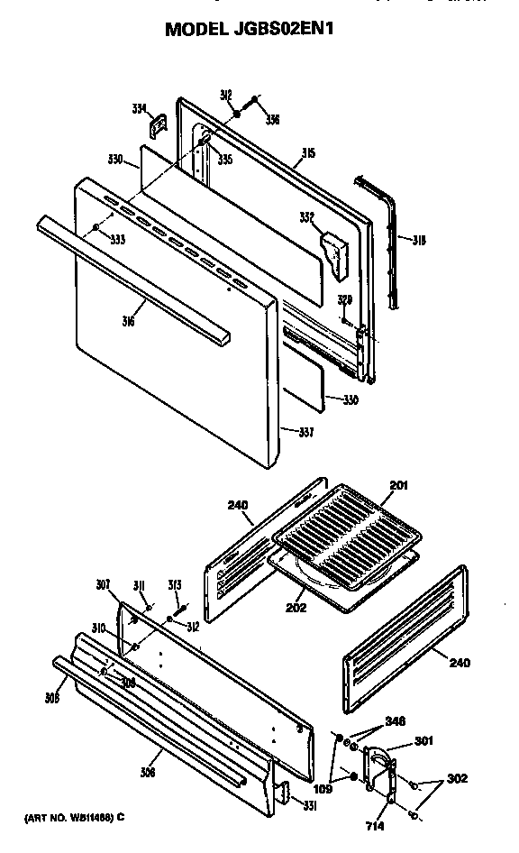 GE JGBS02EN1 door and broiler assembly diagram