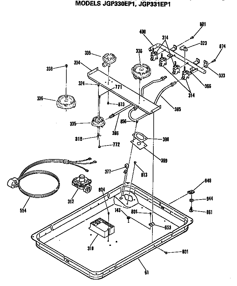GE JGP331EP1 top burners,igniter, and module diagram