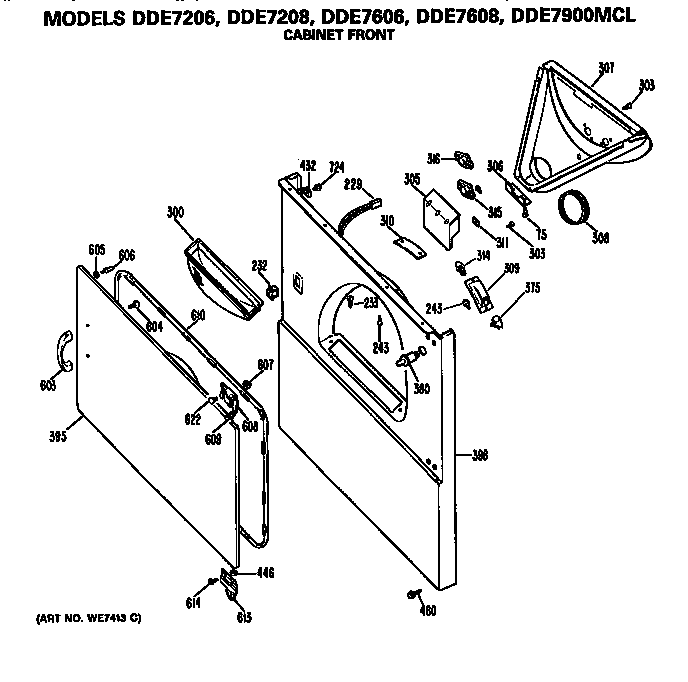 GE DDE7206MCL cabinet front diagram