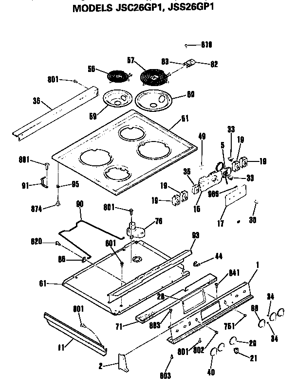 GE JSS26GP1 top and controls diagram
