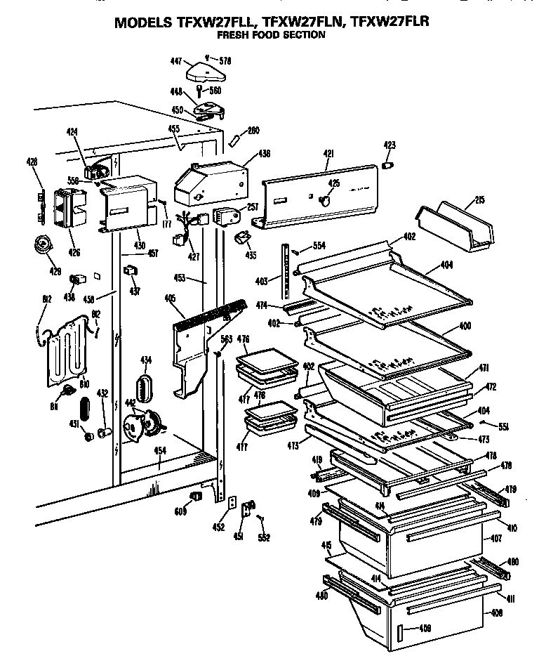 GE TFXW27FLN fresh food section diagram