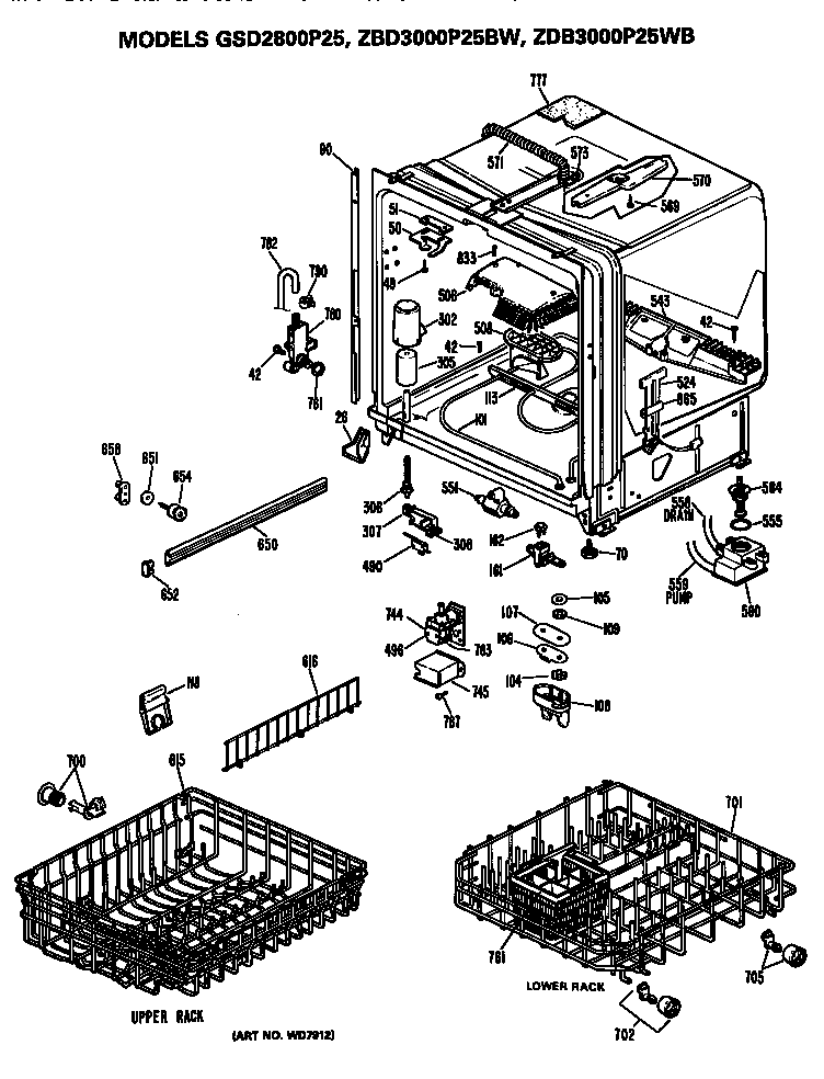 GE ZBD3000P25BW tub/racks diagram