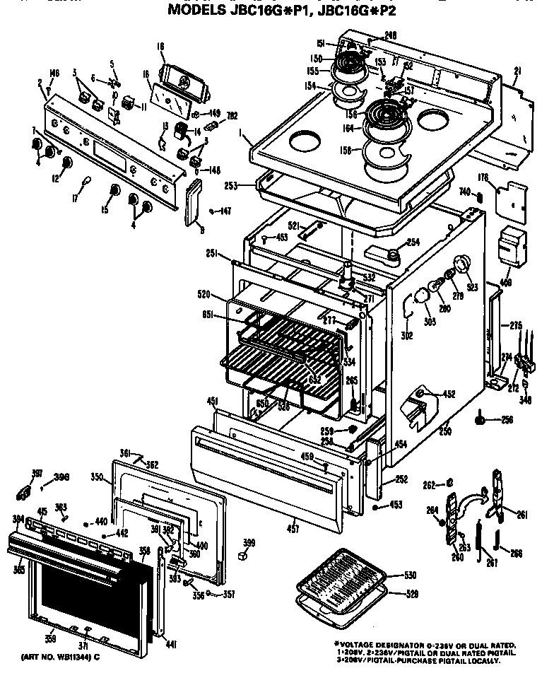GE JBC16G*P2 main body/cooktop/controls diagram