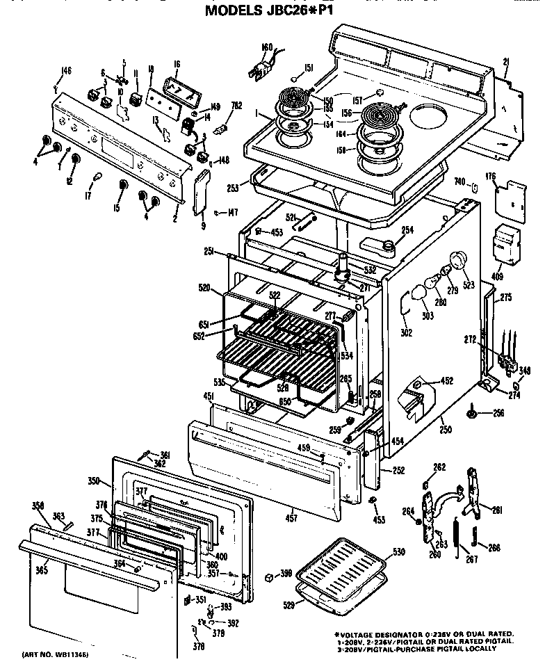 GE JBC26*P1 main body/cooktop/controls diagram