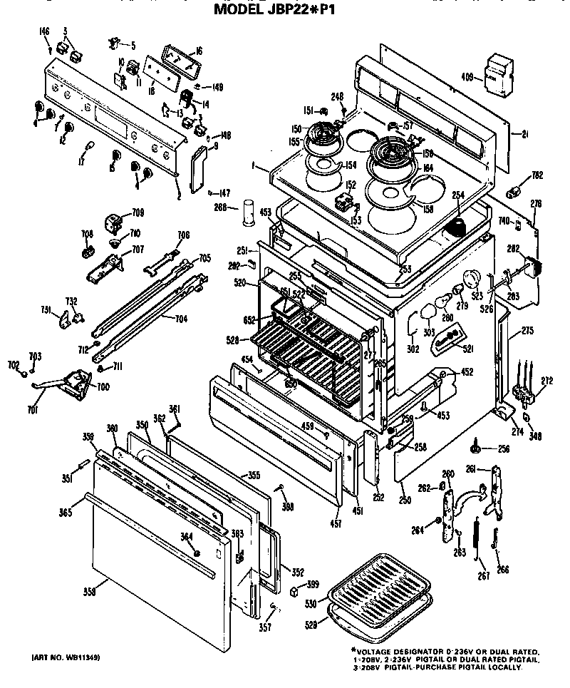 GE JBP22*P1 main body/cooktop/controls diagram