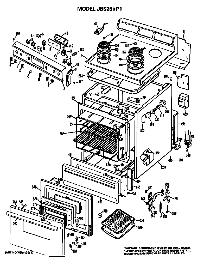 GE JBS26P1 main body/cooktop/controls diagram