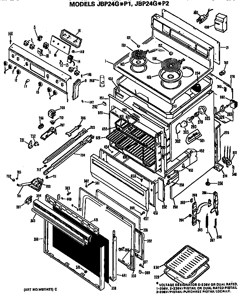 GE JBP24G*P2 main body/cooktop/controls diagram