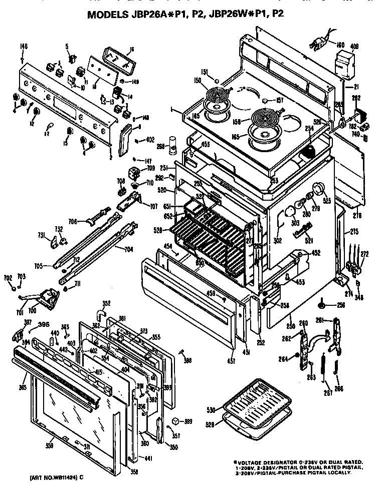 GE JBP26AP1 main body/cooktop/controls diagram