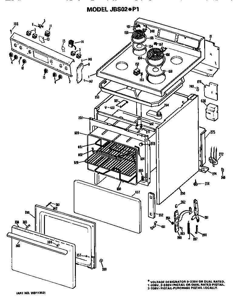 GE JBS02*P1 main body/cooktop/controls diagram