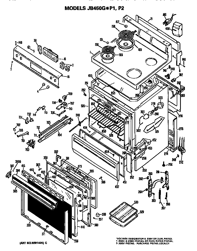 GE JB450GP1 main body/cooktop/controls diagram
