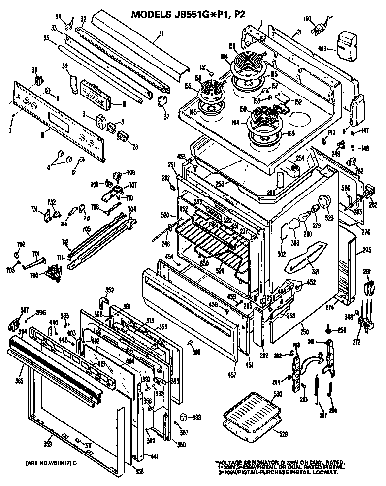 GE JB551G*P2 main body/cooktop/controls diagram