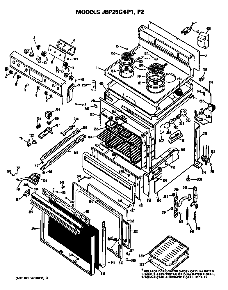 GE JBP25GP1 main body/cooktop/controls diagram
