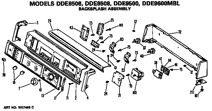 GE DDE9500MBL backsplash for dde8506, 8508, 9500 and 9600mbl diagram
