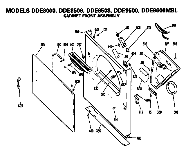 GE DDE9500MBL cabinet front diagram