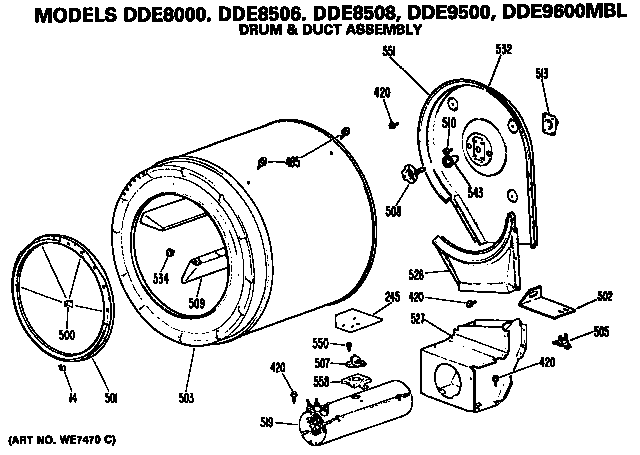 GE DDE9500MBL drum and duct assembly diagram