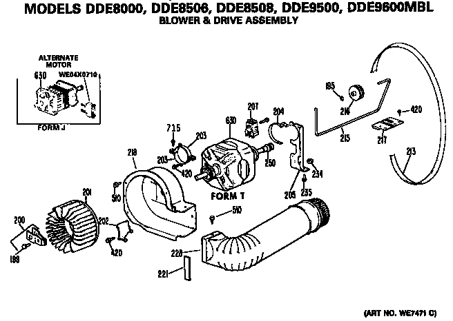 GE DDE9500MBL blower and drive assembly diagram