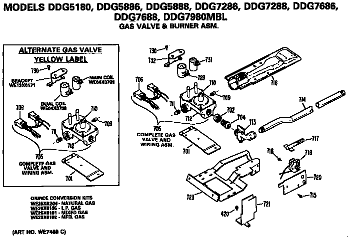 GE DDG7686MBL gas valve and burner assembly diagram