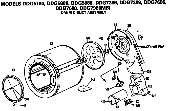 GE DDG7686MBL drum and duct assembly diagram
